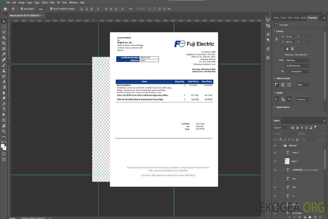 Modèle de facture de services publics d'électricité de Bahreïn Falcon Electrical S.P.C au format Word et PDF template